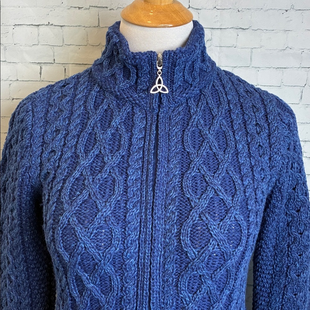 Aran Crafts‎ Ireland Blue Cable Knit Merino Wool Zip Cardigan Sweater S Cottage - Picture 7 of 16